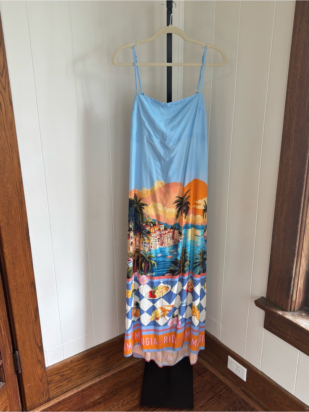 Paper Heart Tropical Palm Tree Landscape Maxi Slip Dress Tie Back Womens L NWT